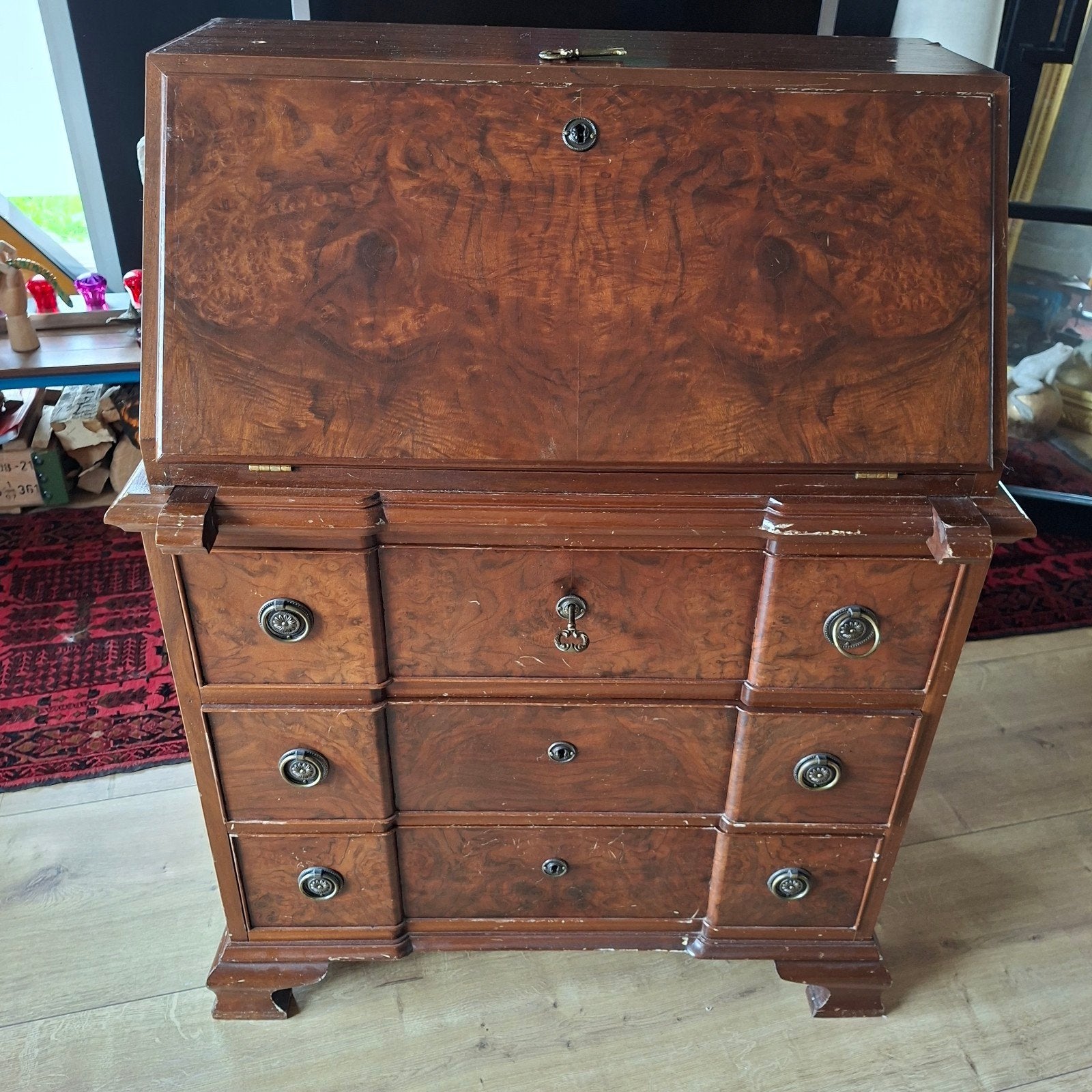 secretaire wortelnoten fineer antiek, Huis en Inrichting, Ophalen, Gebruikt