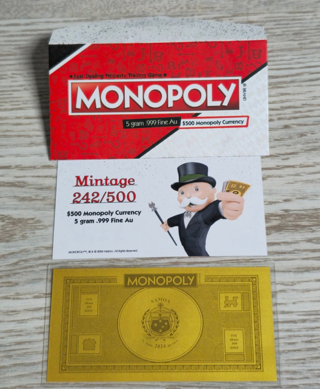 Monopoly 5 gram .999 Fijn Goud Bankbiljet 2024 Samoa, Ophalen of Verzenden, Goud