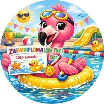 L2036 icing frosting zwemdipoma 20cm eetbare print flamingo, Ophalen of Verzenden, Nieuw, Taarten, Versiering