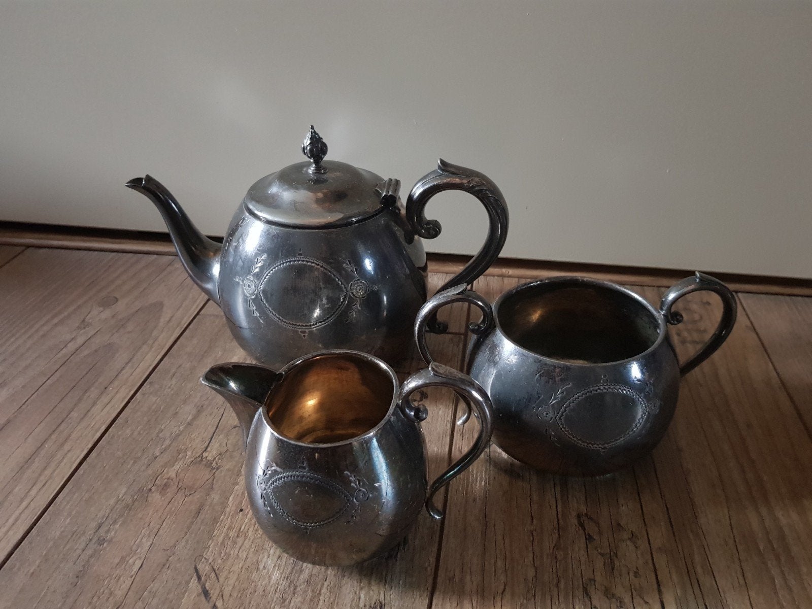 Antiek verzilverd thee servies / theepot melkannetje, Antiek en Kunst, Ophalen of Verzenden, Zilver