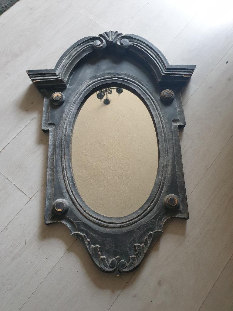 Hoffz stijl spiegel ossenoog wand muur hout landelijk sober, Ophalen of Verzenden, Ovaal, 50 tot 100 cm, Minder dan 100 cm