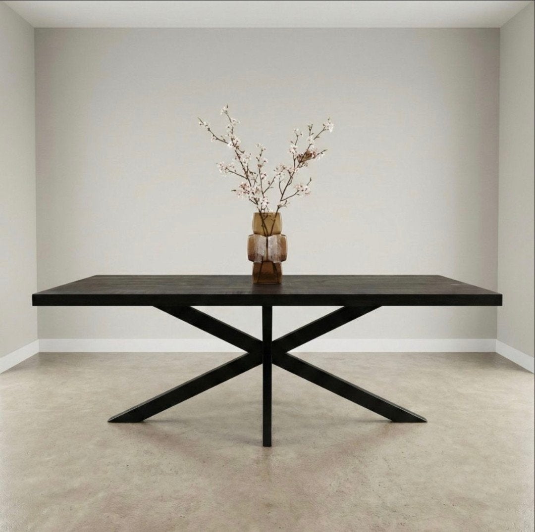 Eettafel. zwart mangohout 220x100cm met metalen spinpoot, Huis en Inrichting, 100 tot 150 cm, Vijf personen of meer, Rechthoekig