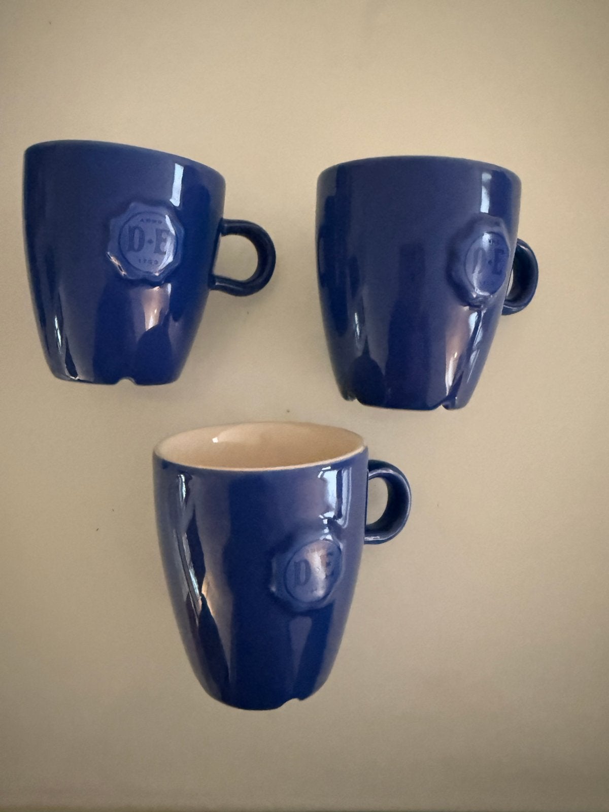 3 Douwe Egberts D.E. mokken - Blauw - Zo goed als nieuw, Overige merken, Zo goed als nieuw, Klassiek, Keramiek