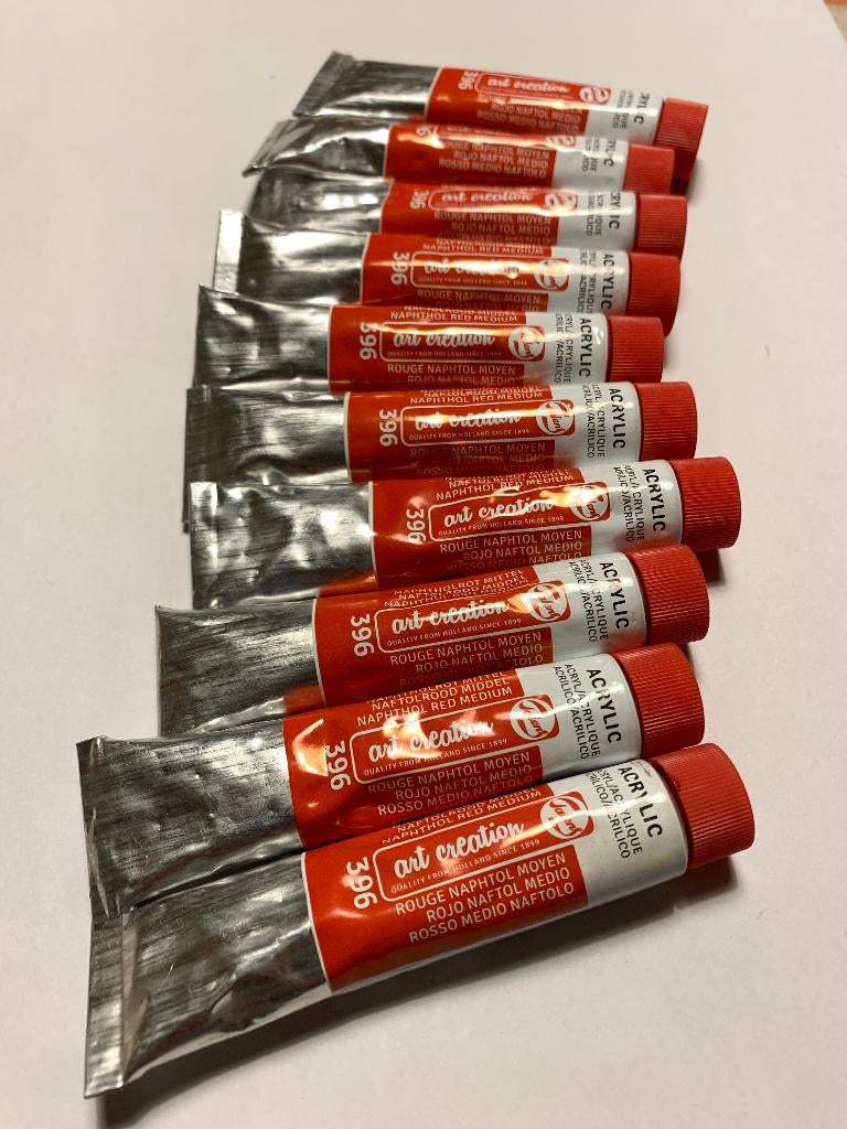 10 tubes Talens rode acryl verf 12 ml. voor 5 euro., Hobby en Vrije tijd, Schilderen, Nieuw, Acrylverf, Ophalen of Verzenden