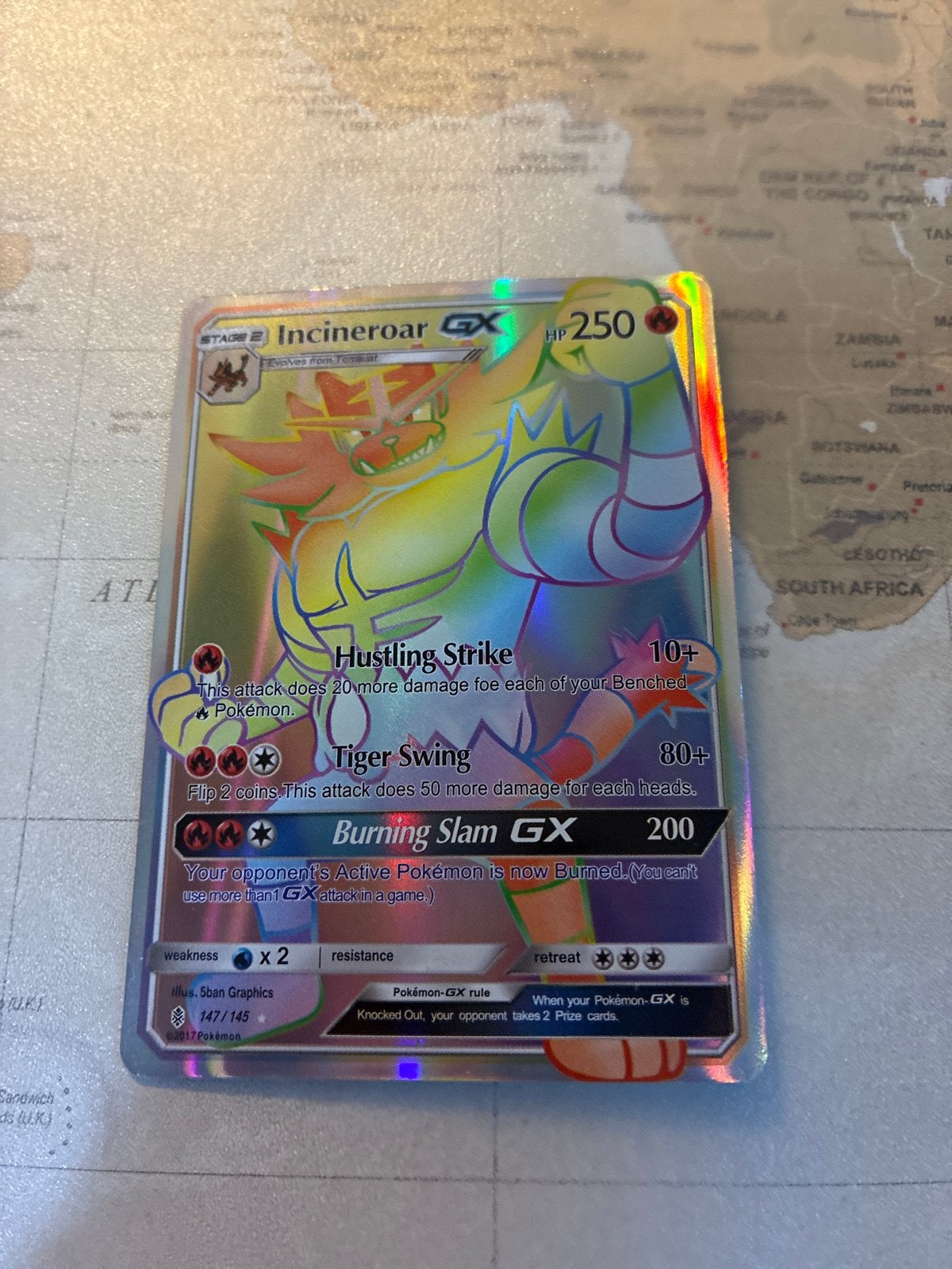 Incineroar GX Rainbow Rare Pokémon Kaart 147/145, Ophalen of Verzenden, Zo goed als nieuw, Losse kaart, Foil