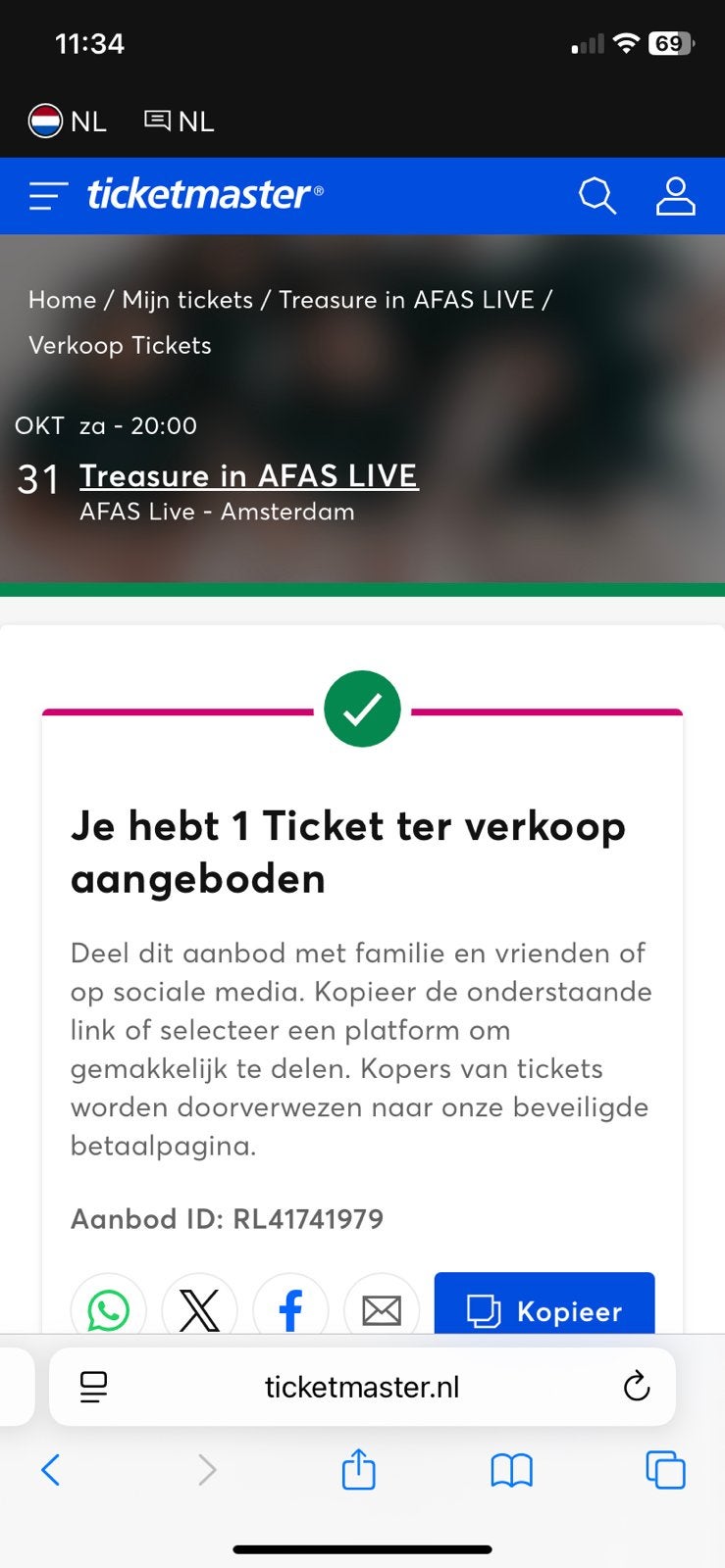 Ticket Treasure 31 oktober Afas Amsterdam, Eén persoon, Overige soorten