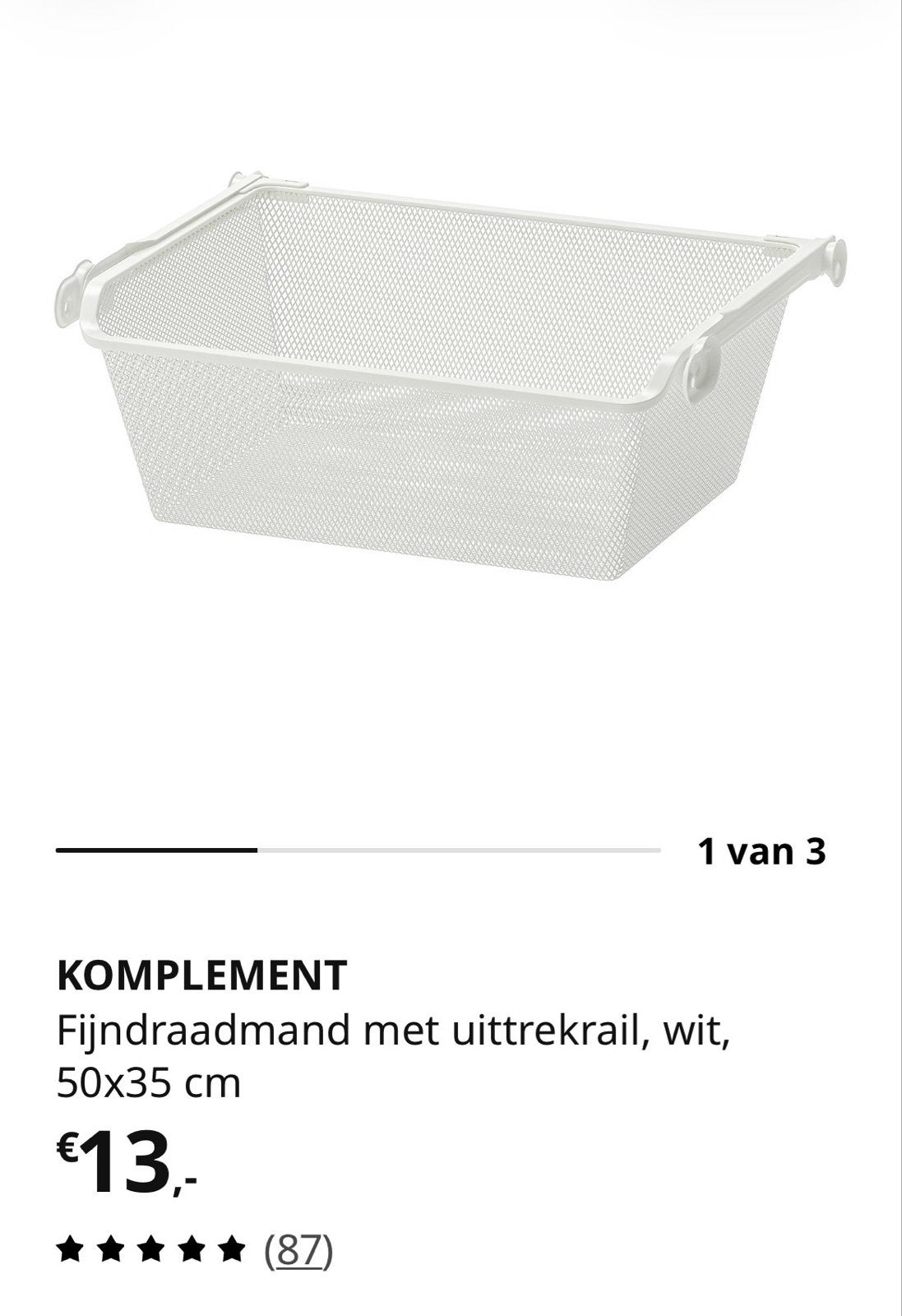 4 stuks, IKEA KOMPLEMENT Fijnraadmand, wit, 50x35 cm, Ophalen, 50 tot 100 cm, Zo goed als nieuw, Minder dan 100 cm