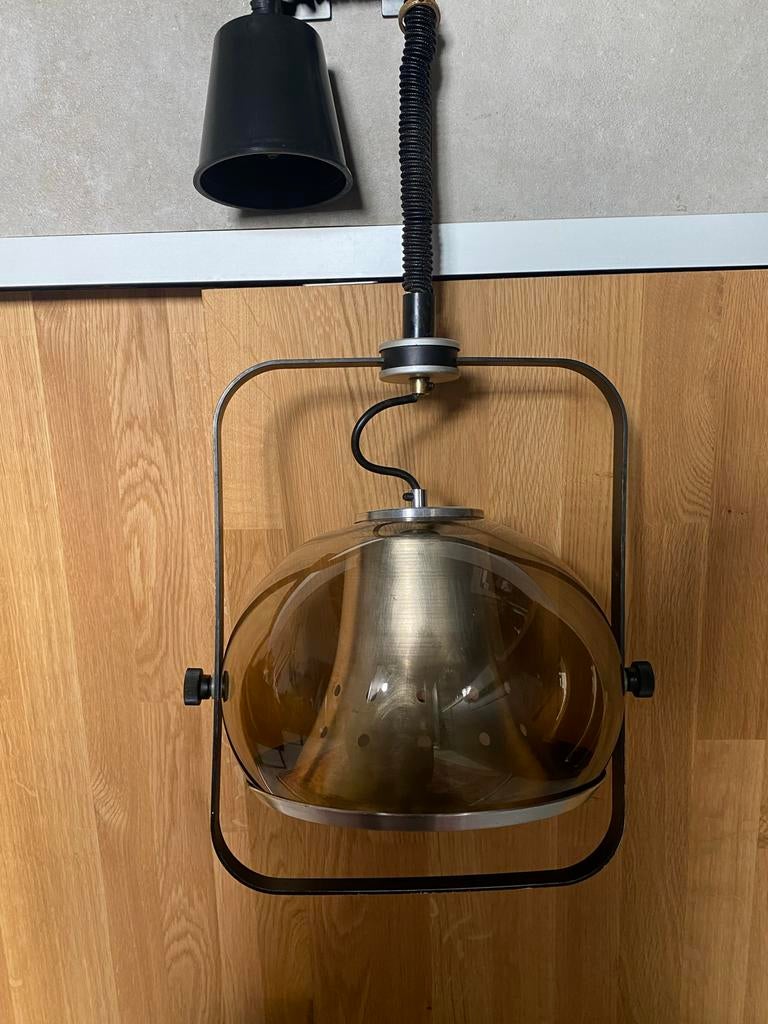 Vintage Dijkstra Hanglamp Jaren '70 - Amber Glas & Metaal, Ophalen of Verzenden