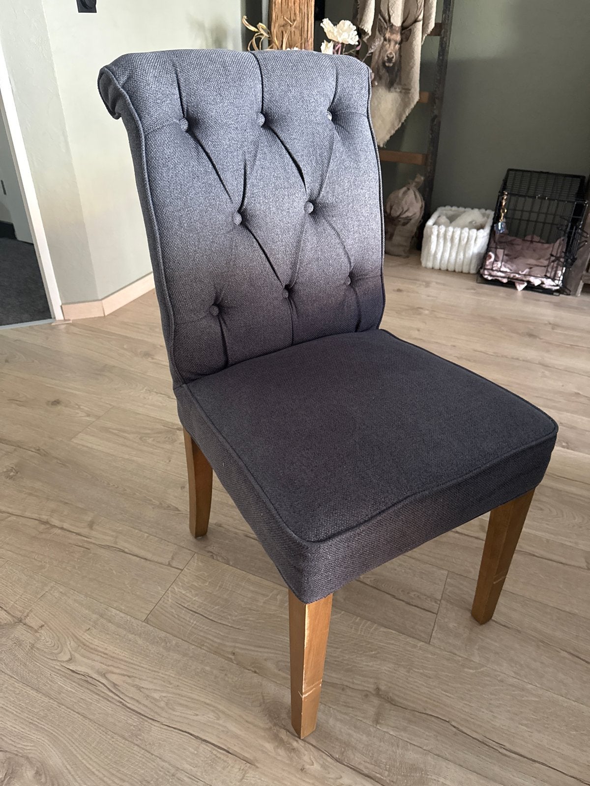 Riviera Maison Eetkamerstoelen en Eetbank - Grijs Stof, Huis en Inrichting, Stoelen, Zo goed als nieuw, Drie, Stof, Grijs, Ophalen