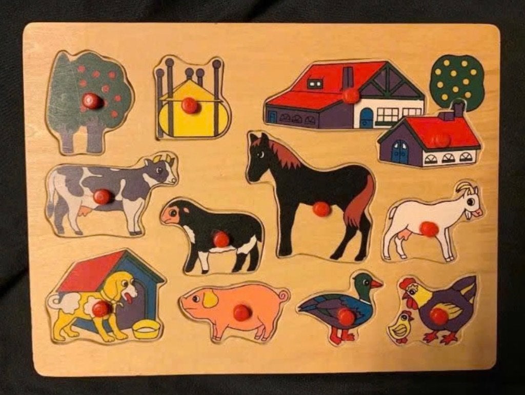 Houten kinderpuzzel, puzzel boerderij, boerderijdieren dier, Ophalen of Verzenden, Zo goed als nieuw, Van hout, Minder dan 10 stukjes