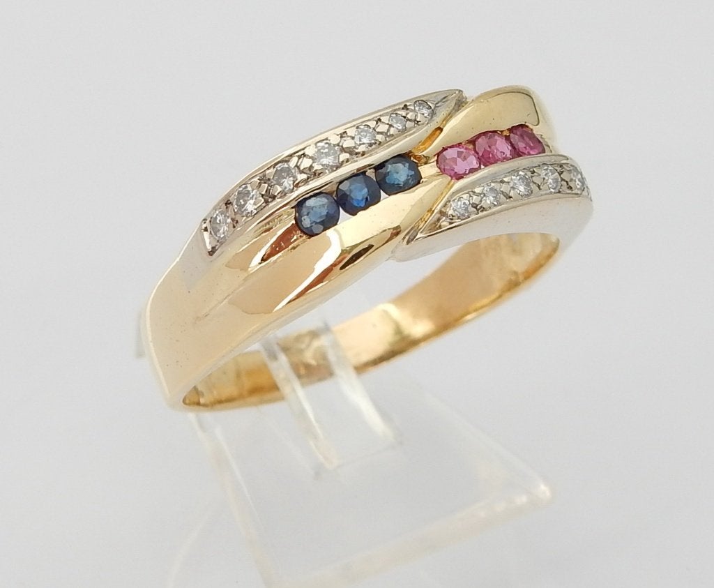 18 karaat Gouden Ring Saffieren Robijnen en 14 Diamanten, 20 of groter, Ophalen of Verzenden, Zo goed als nieuw, Met edelsteen