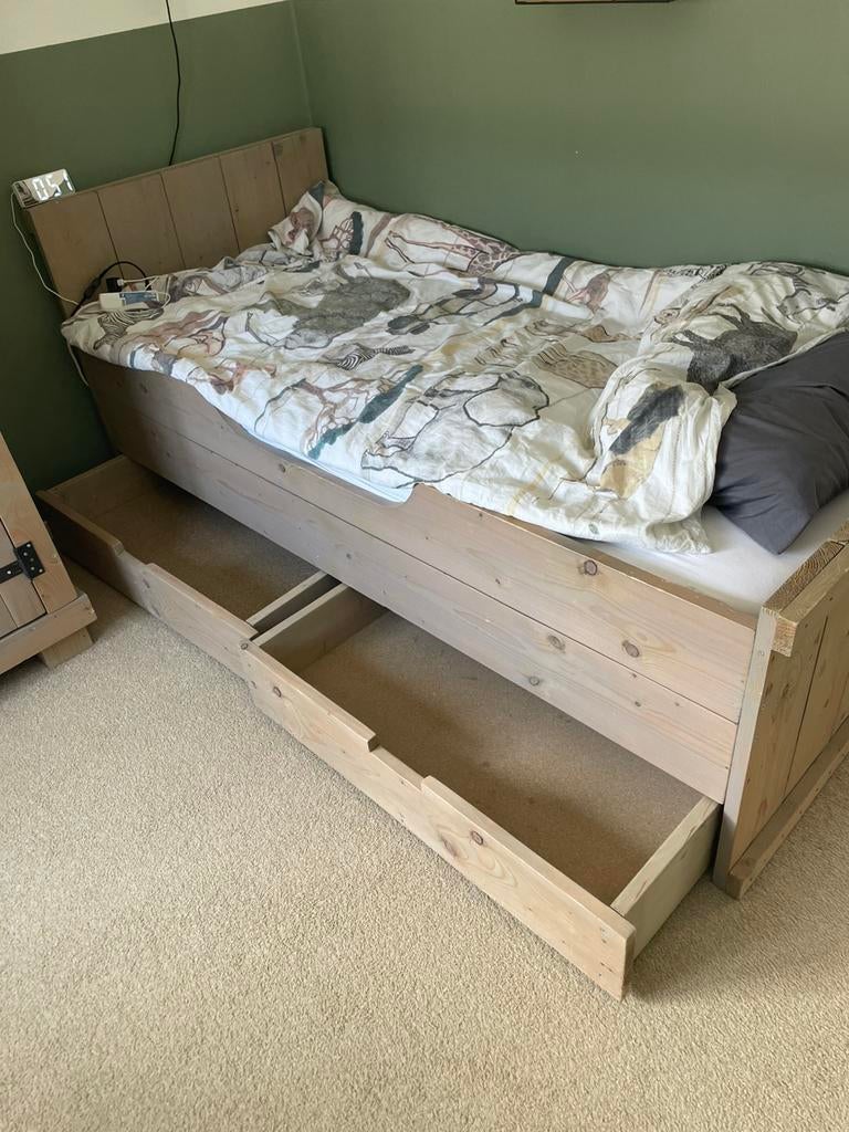 Complete slaapkamer steigerhout, Ophalen, 85 tot 100 cm, Gebruikt, Lattenbodem
