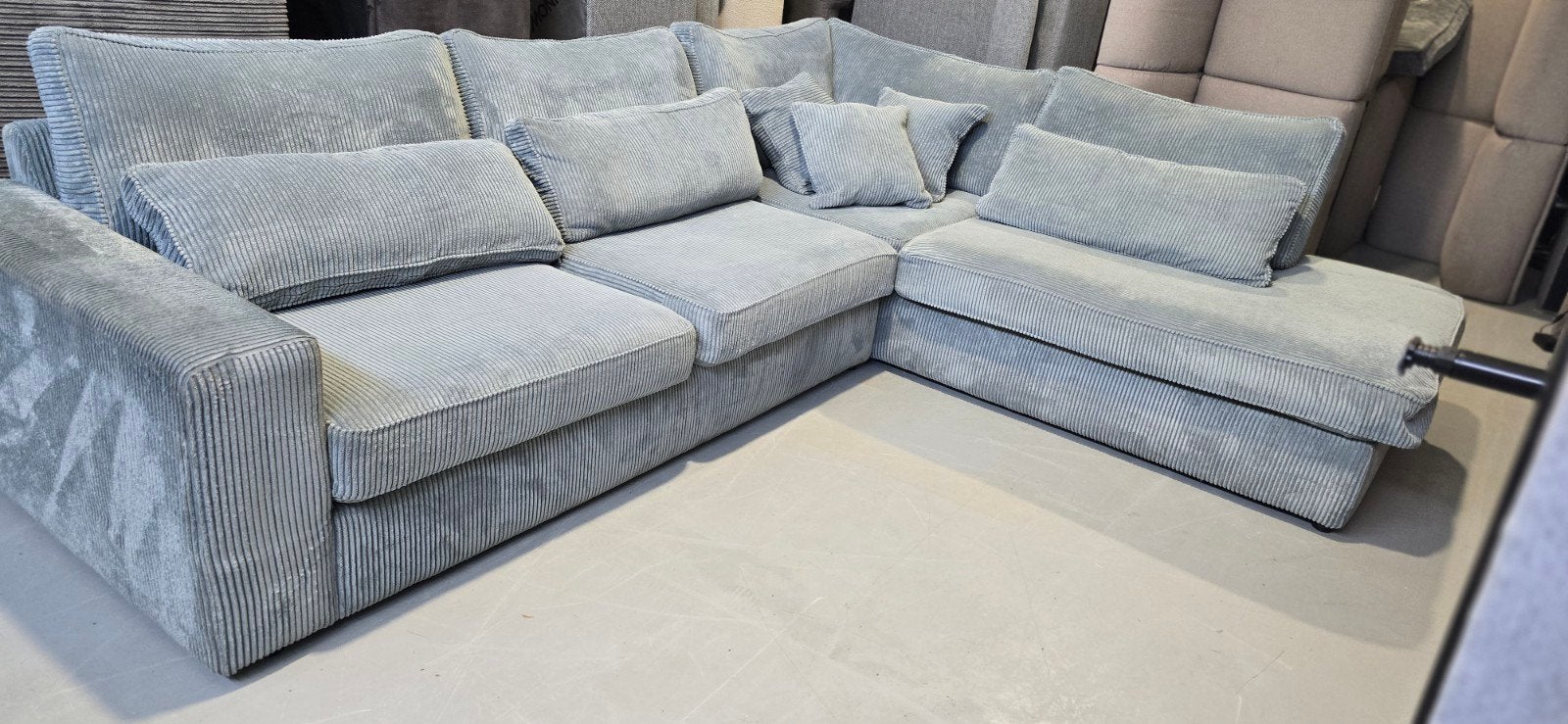 XXL Hoekbank Ribstof Blauw/Grijze Kleur - Professioneel Gere, Huis en Inrichting, Modern, Comfortabel, Gebruikt, 100 tot 125 cm
