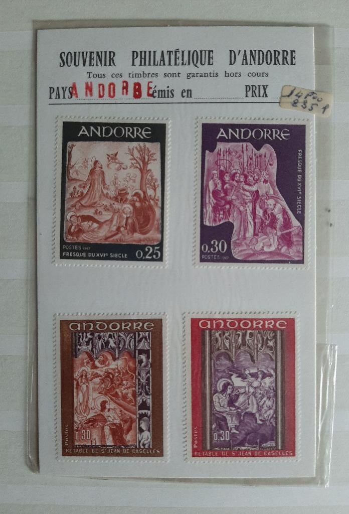 4 Postzegels Andorra Het Leven van Jezus 1967 op kaartje, Ophalen, Overige landen, Postfris