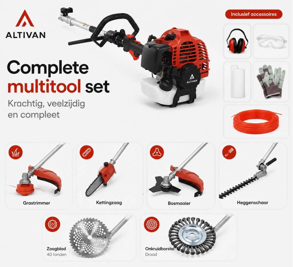 6-in-1 Benzine Combitool 52cc | Bosmaaier, Heggenschaar, Roodmus 280, Benzine, Nieuw, Ophalen of Verzenden