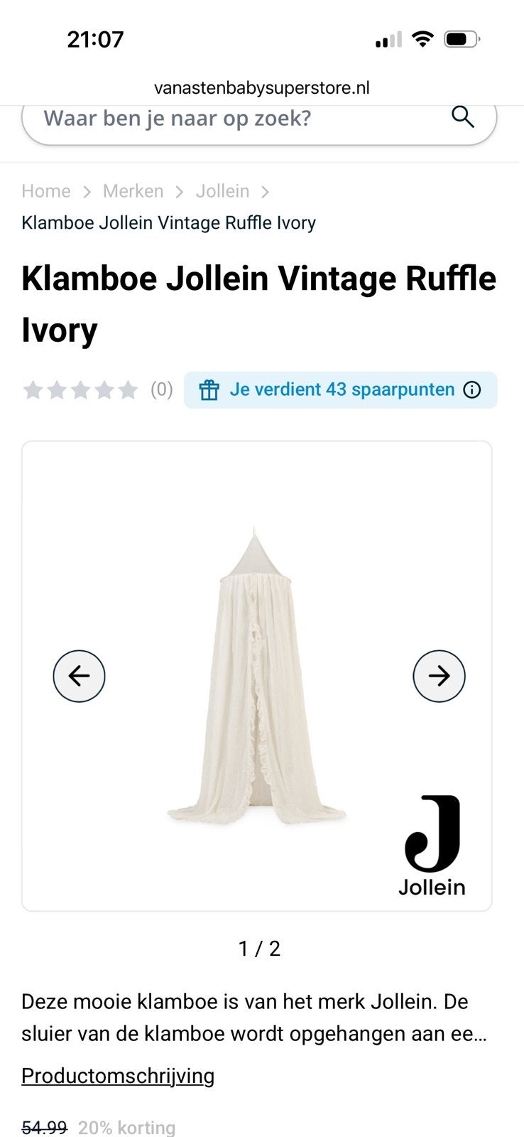 Jollein klamboe ivory bedhemel 245cm, Ophalen, Zo goed als nieuw, Klamboe