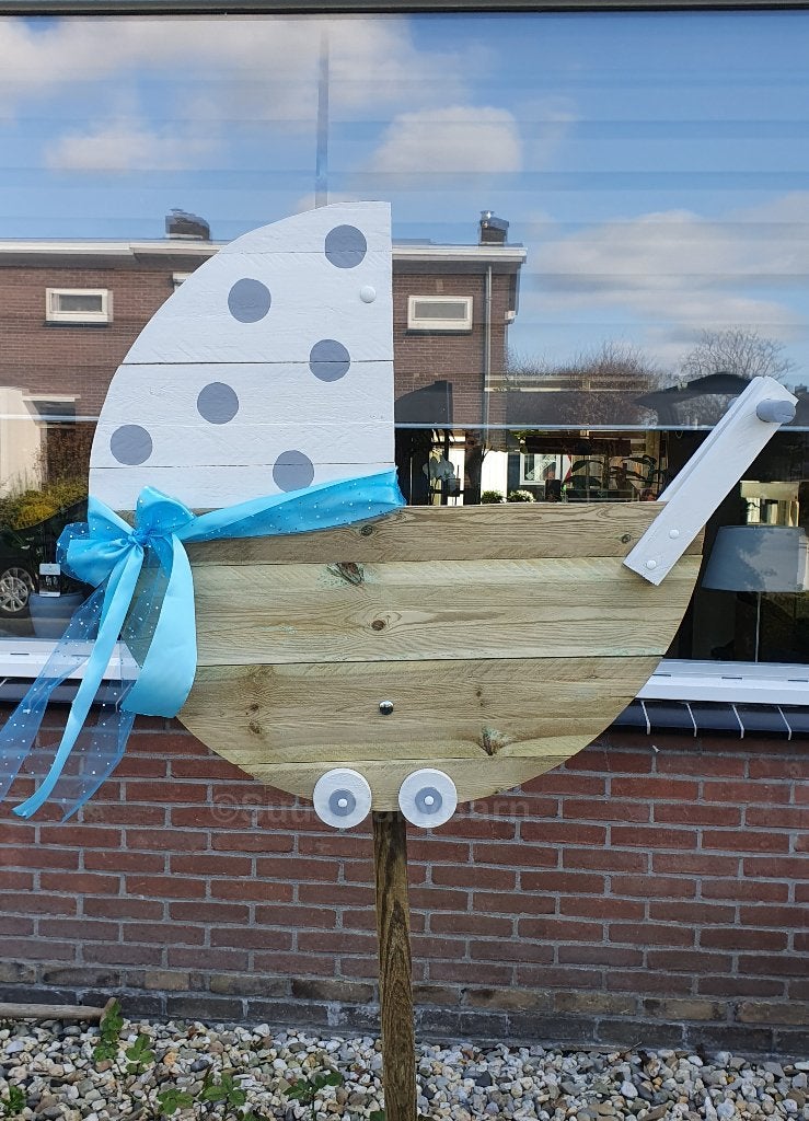 Geboortebord Grote Kinderwagen met Grote Blauwe Strik., Ophalen of Verzenden, Geboortebord