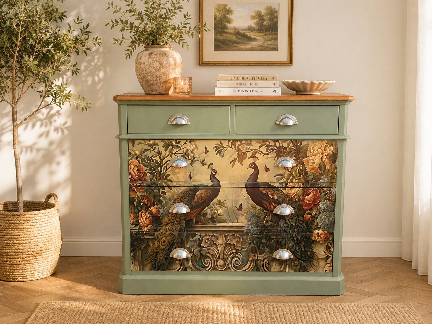 Unieke ladekast met pauwen decoupage, Ophalen, 50 tot 100 cm, Zo goed als nieuw, Minder dan 100 cm