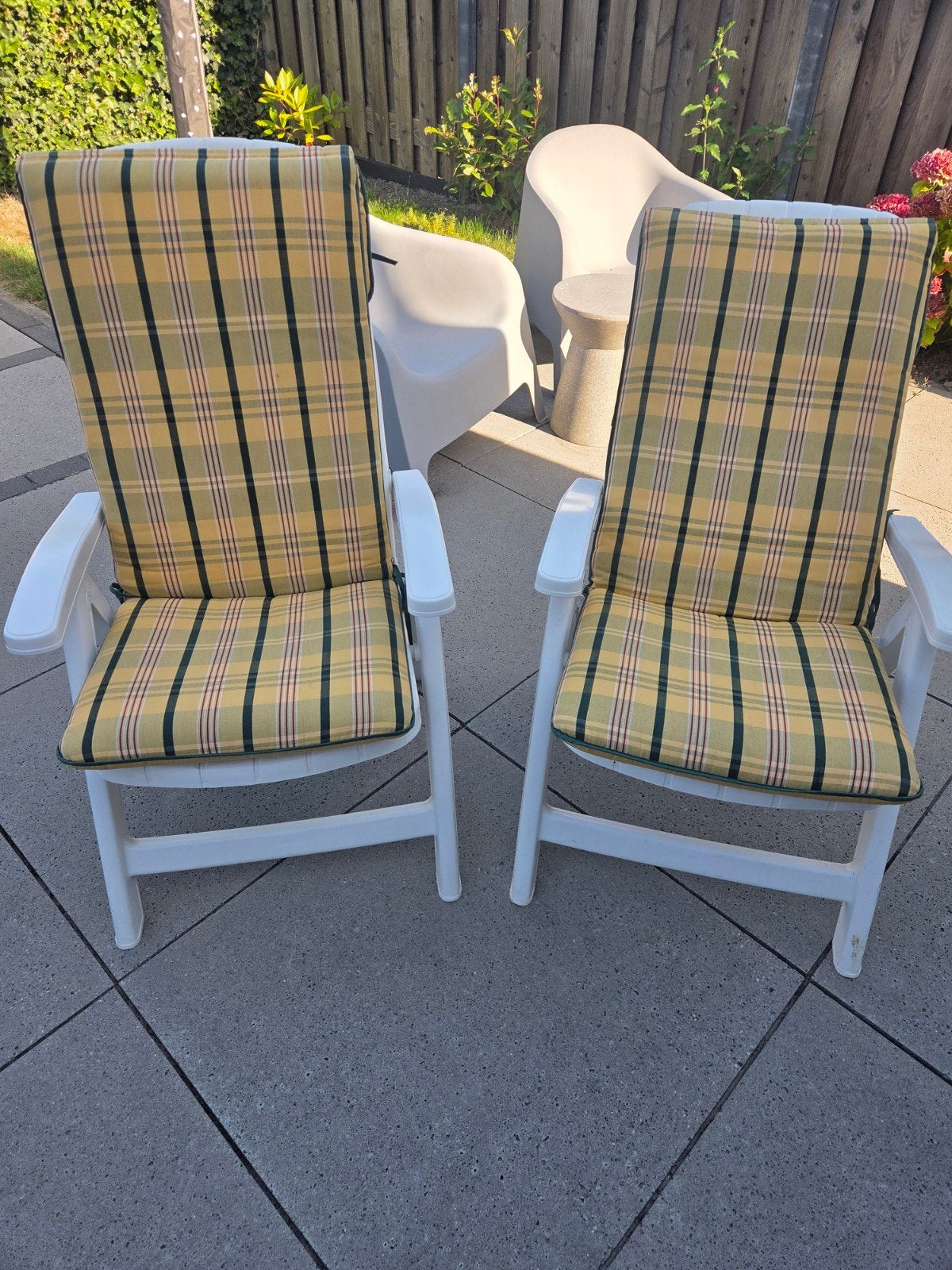 2x Las Palmas tuinstoelen met geruite kussens, Tuin en Terras, Ophalen, Gebruikt, Kunststof, Verstelbaar