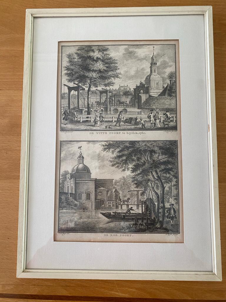 Antieke Etsen: De Witte Poort en De Koe Poort, Leiden 1762, Ingelijst, Ets, Stadsgezicht, Ophalen of Verzenden
