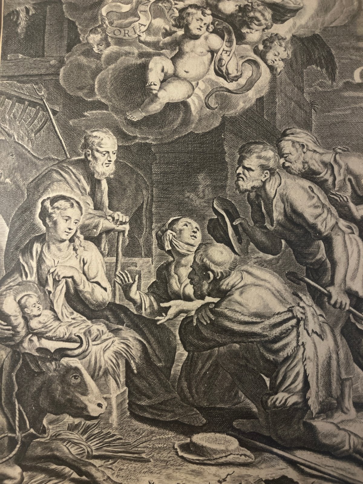 Antieke Gravure: Aanbidding der Herders, Antiek en Kunst, Kunst | Etsen en Gravures, Religie, Gravure, Gesigneerd, 1600 - 1699
