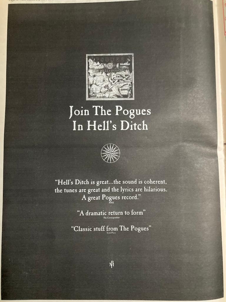 Paginagrote A3 advertentie THE POGUES Hell’s Ditch release, Verzamelen, Ophalen of Verzenden, Zo goed als nieuw, A1 t/m A3