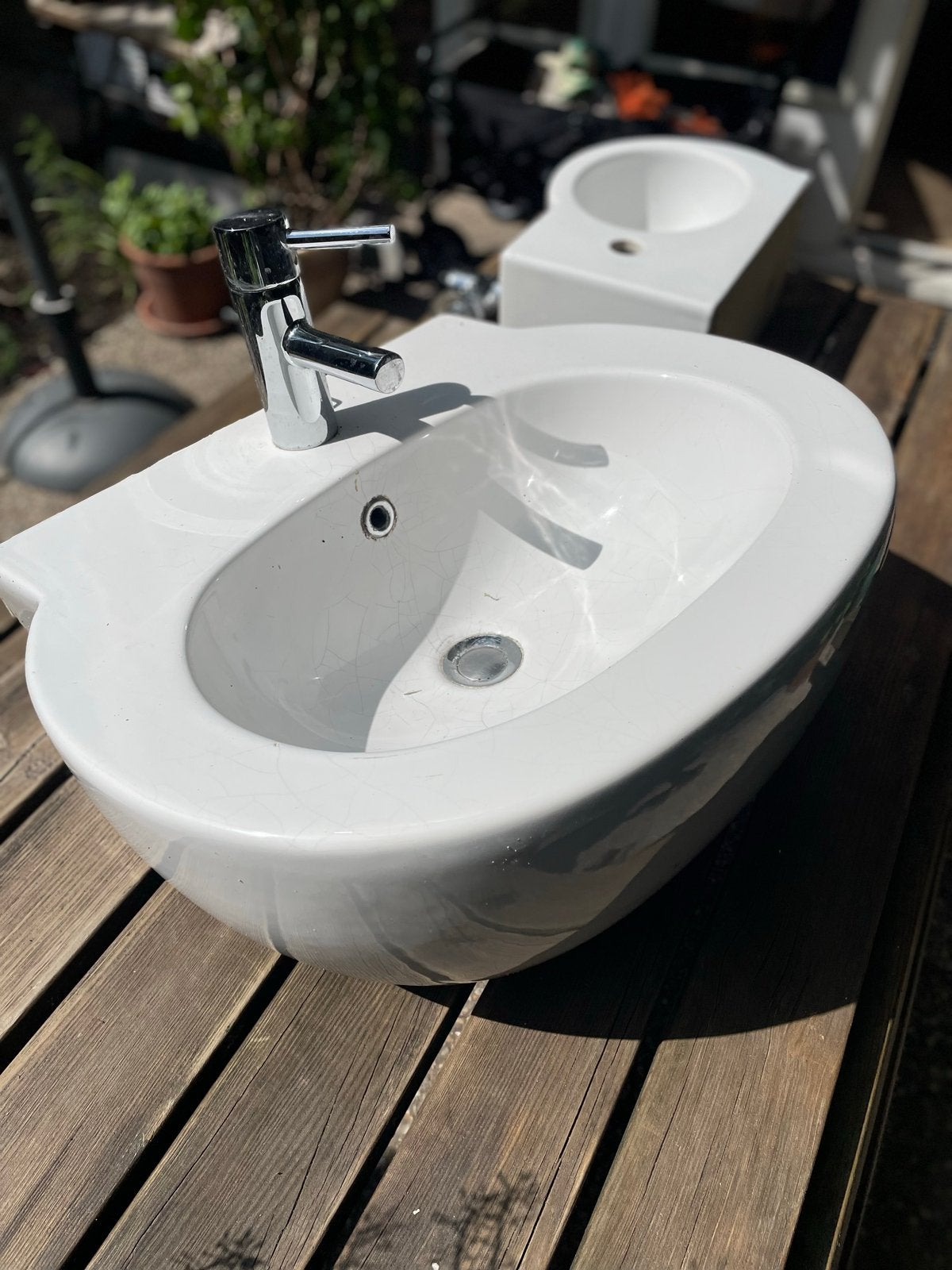 Wastafel met kraan en afvoer + fontein toilet, Ophalen, Gebruikt, Chroom, Wastafel