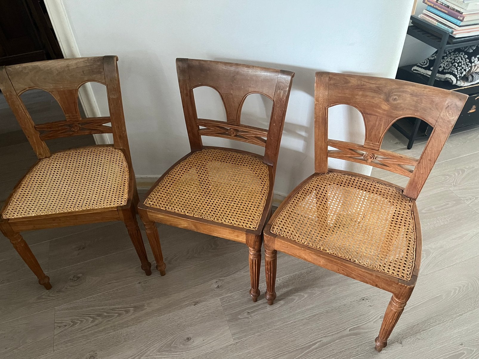 Eetkamerstoelen 3 stuks teak rieten zitting, Ophalen