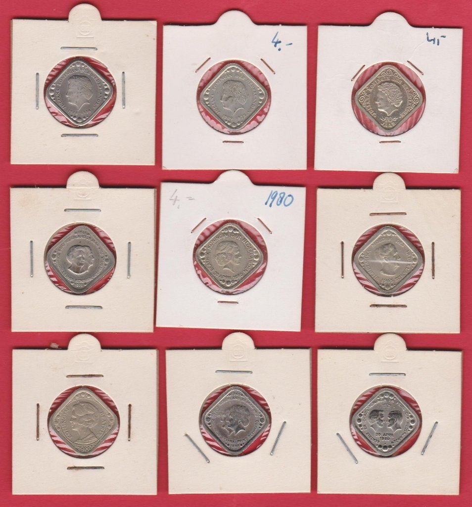 9 stuks vierkante naslag munten/penningen van 5 cent, Postzegels en Munten, Ophalen of Verzenden, Vóór koninkrijk, Setje