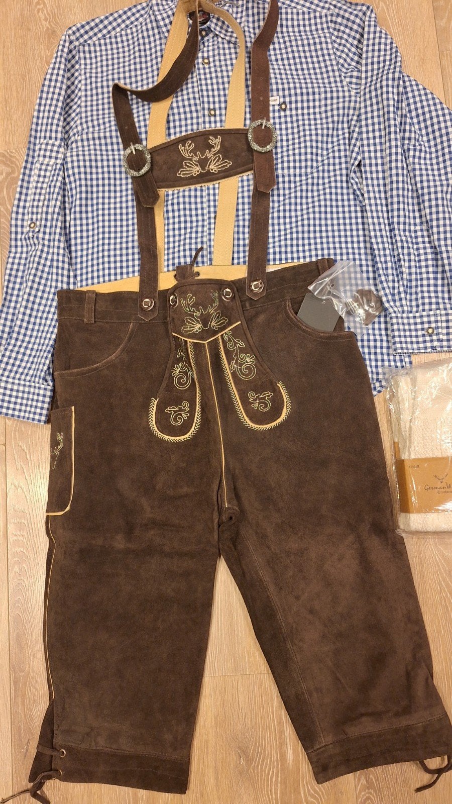 Lederhose 52 overhemd kousen oktoberfeest Tiroler, Ophalen, Zo goed als nieuw, Maat 52/54 (L)