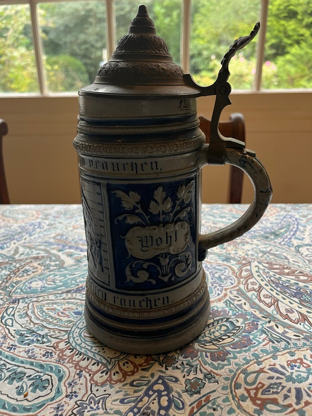 Duitse stenen bierpul 1L met bronzen deksel, Antiek en Kunst, Ophalen of Verzenden