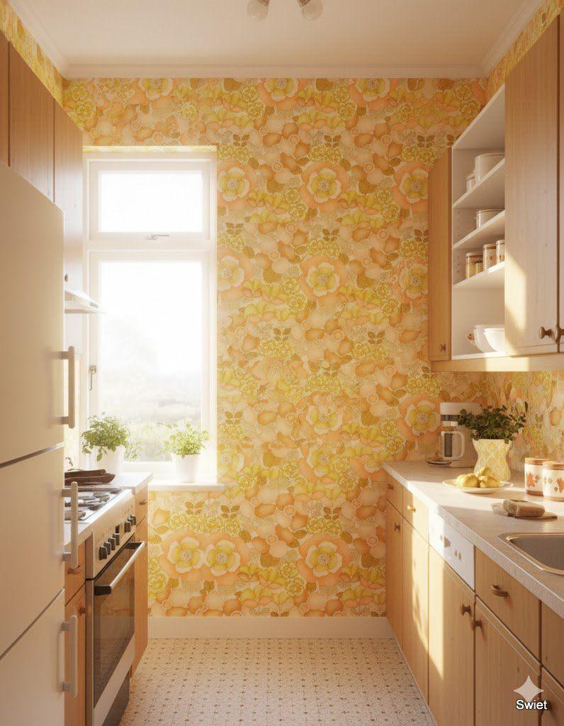 6723 oranje bloemen vintage behang 70s jaren 70 swiet, Verzenden, Oranje