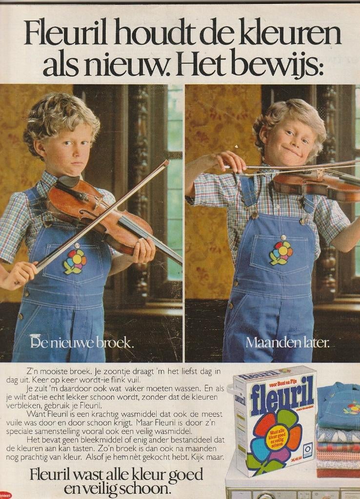Retro reclame 1982 Fleuril wasmiddel jongen muziekinstrument, Verzamelen, Retro, Overige typen, Verzenden