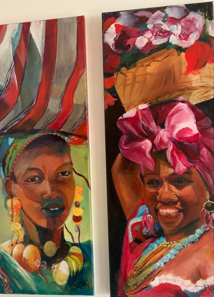 Levendige Afrikaanse Vrouwen Portretten - Set van 2, Antiek en Kunst, Kunst | Schilderijen | Modern, Ophalen of Verzenden