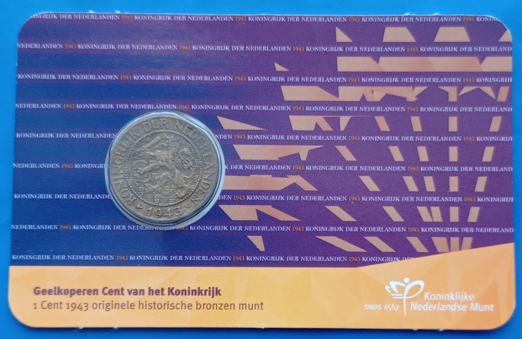 Geelkoperen 1 cent 1943 in coincard, Verzenden, Koningin Wilhelmina, 1 cent, Setje