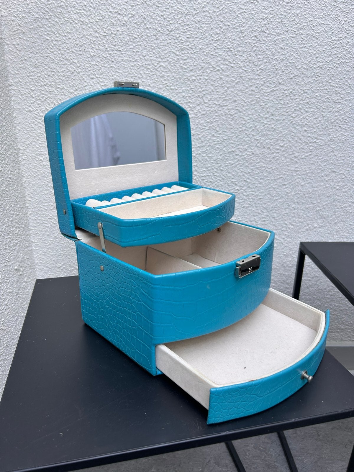 Vintage Blauwe Sieradendoos met Spiegel en Lade, Sieraden, Tassen en Uiterlijk, Beautycases, Gebruikt, Blauw, Ophalen of Verzenden