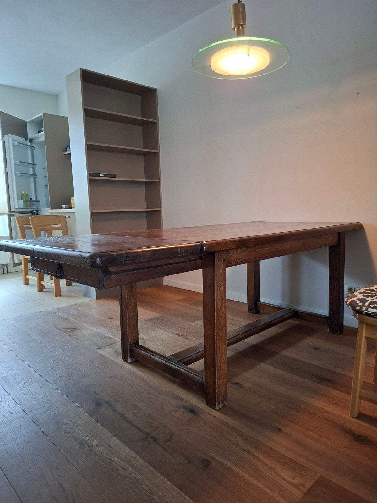 Ambachtelijke Eiken Eettafel met aanzetstuk, Huis en Inrichting, Ophalen, Gebruikt, Eikenhout, 50 tot 100 cm