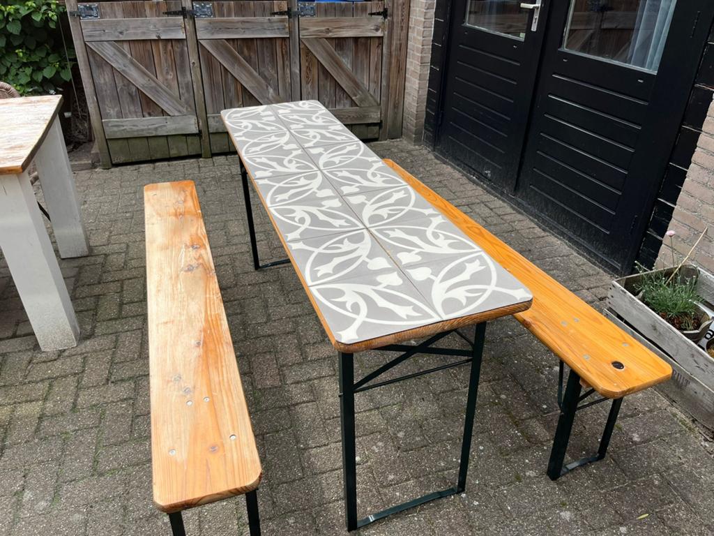 Picknicktafel en banken inklapbaar, Tuin en Terras, Picknicktafels, Ophalen, Gebruikt, Inklapbaar, Rechthoekig