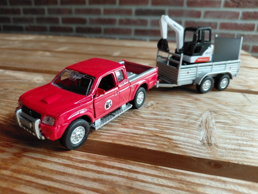 Kids Globe Mitsubishi L200 met aanhanger met minigraver, Ophalen of Verzenden, Zo goed als nieuw
