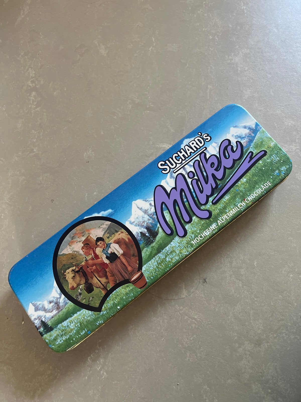 Vintage Milka Suchard blik - Alpenmelk Chocolade, Ophalen of Verzenden, Gebruikt, Overige, Overige merken