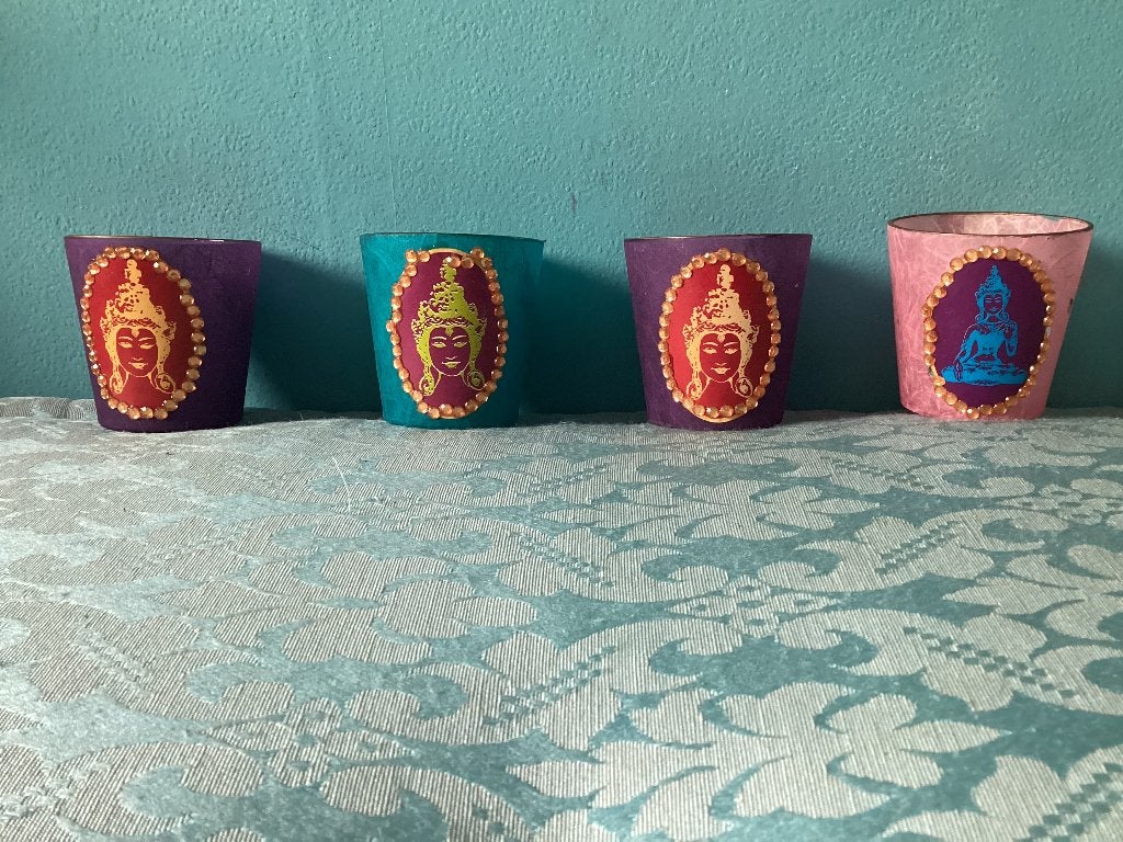 4 waxine lichtjes voor € 5,00, Ophalen, Meerkleurig, Waxinelichthouder, Glas