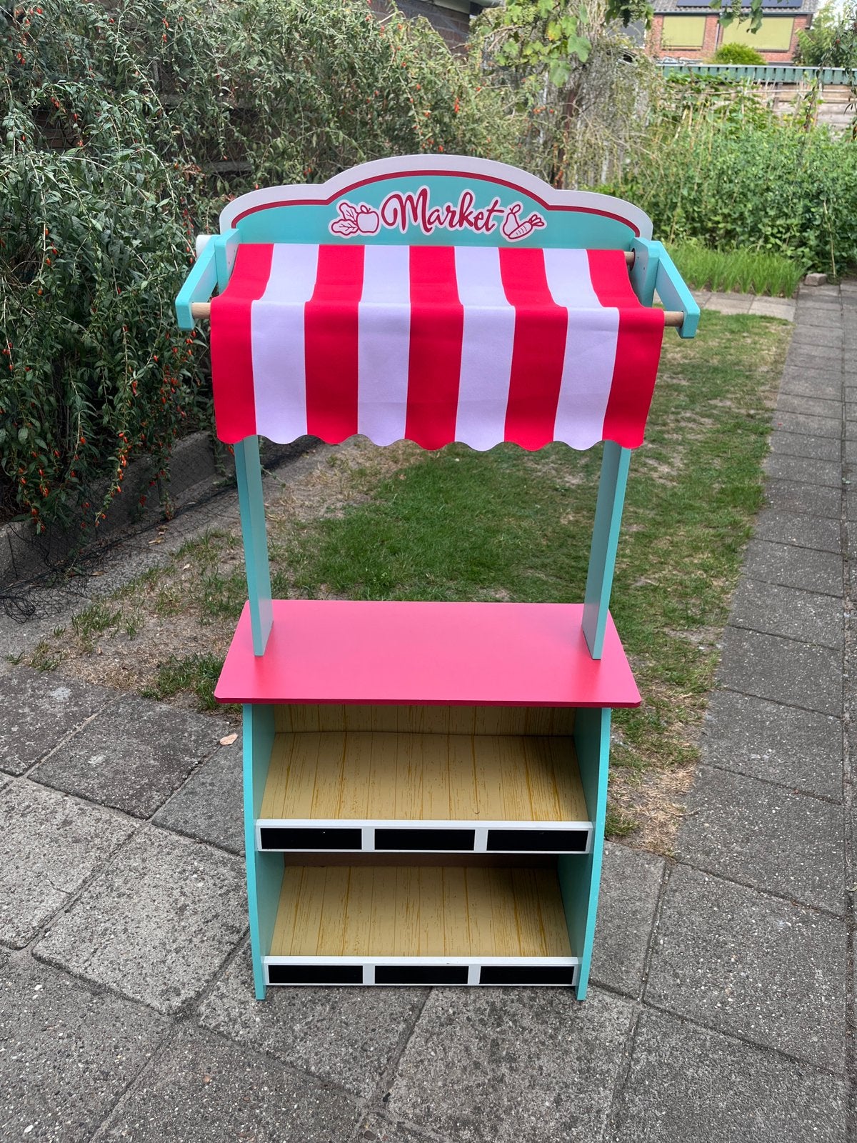 2-in-1 houten speelgoed marktkraam poppentheater speelwinkel, Ophalen, Zo goed als nieuw