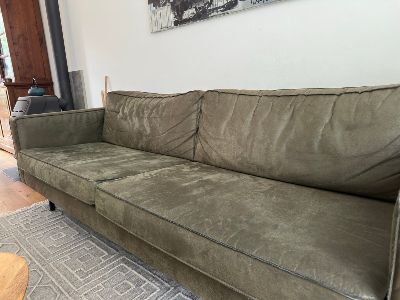 Comfortabele woood rodeobank + fauteuil in olijfgroen-army, Ophalen, Gebruikt, Stof, Driepersoons