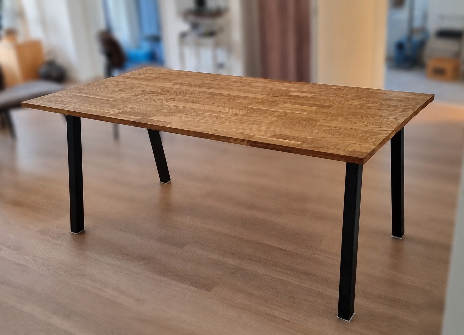 Houten eettafel met zwarte stalen poten - 180x91cm, Gebruikt, 50 tot 100 cm, 150 tot 200 cm, Vier personen