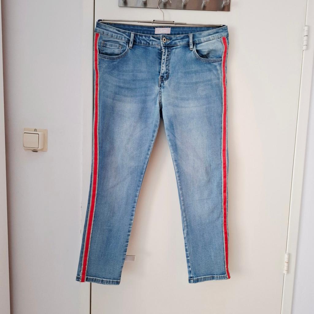 Cam's, 3/4 skinny jeans met rode bies, maat XL/42, Kleding | Dames, Blauw, Ophalen of Verzenden, Zo goed als nieuw, W33 - W36 (confectie 42/44)