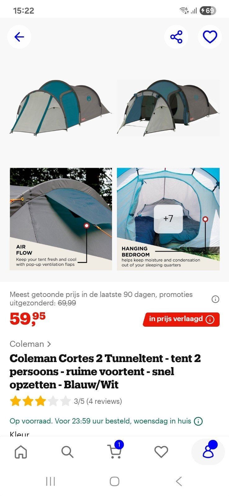 Nieuw Coleman Cortes 2 Tunneltent - 2 persoons - Blauw/Wit, Ophalen