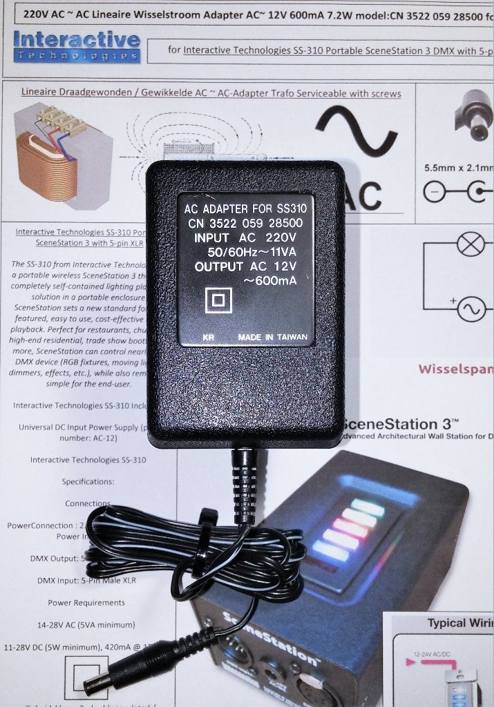 SS310 CN 3522 AC AC adapter 12V 0.6A 7.2W Wisselspanning out, Ophalen of Verzenden, Zo goed als nieuw