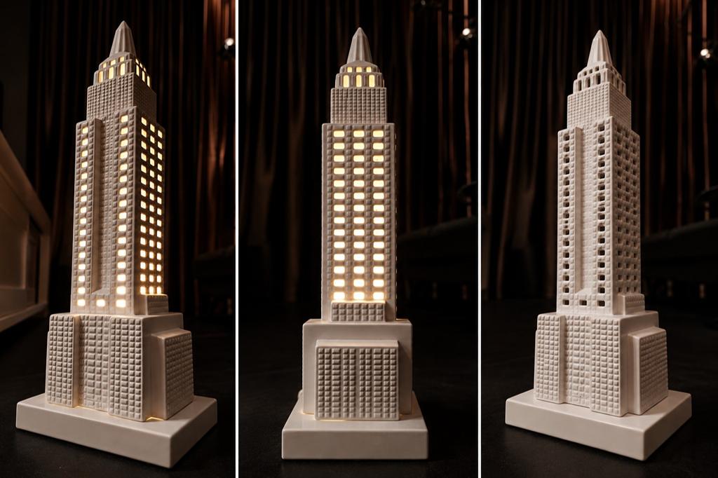 Habufa Empire State Building tafellamp – 53 cm – keramiek, Ophalen, Minder dan 30 watt, E27 (groot), Led-lamp