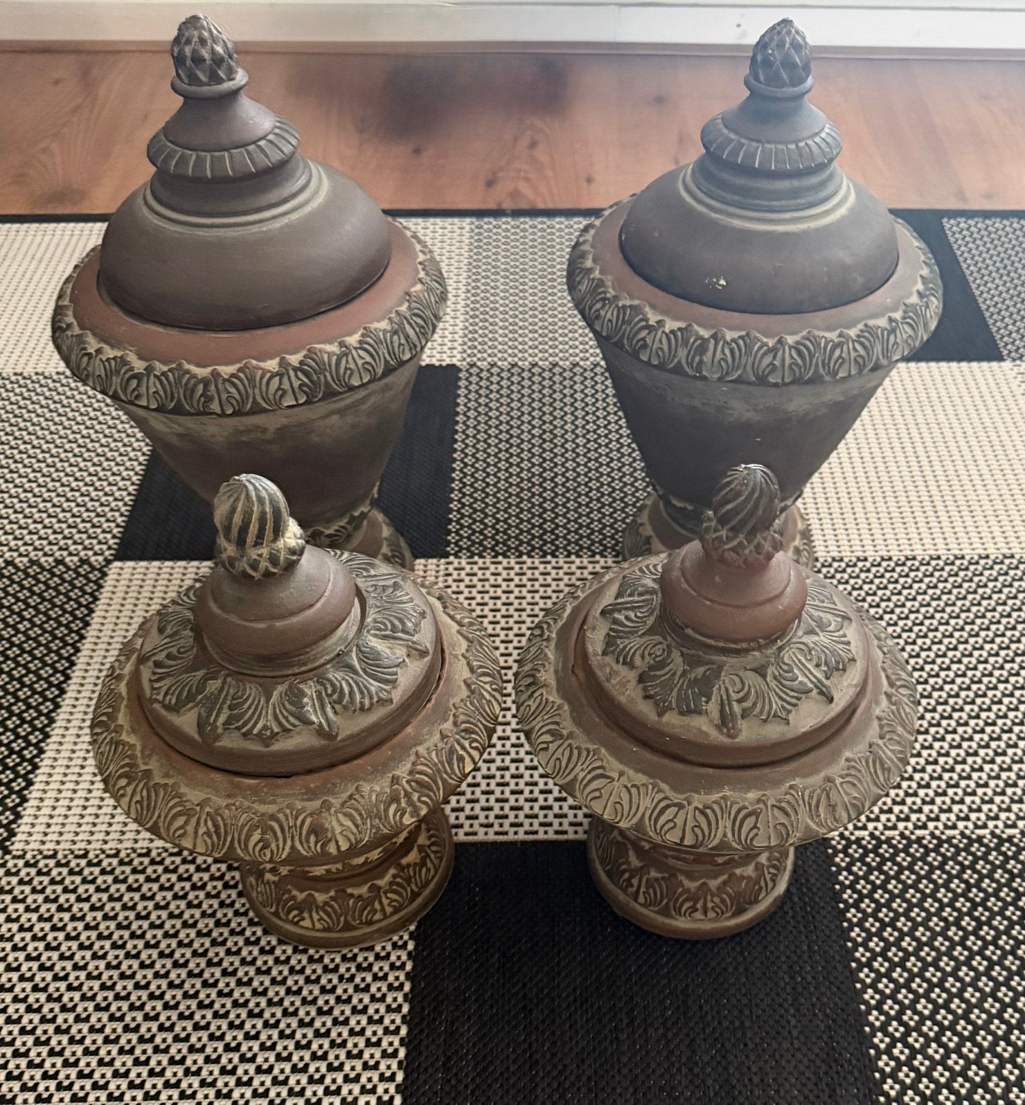 zgan brocante vazen/potten, bloempotten deksel set 4 stuks, Ophalen of Verzenden, Zo goed als nieuw, Met deksel, Overige kleuren