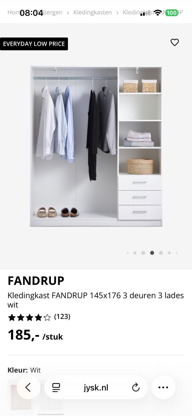 ​JYSK Kledingkast FANDRUP (145x176 cm) – Wit – Al gedemontee, Ophalen of Verzenden
